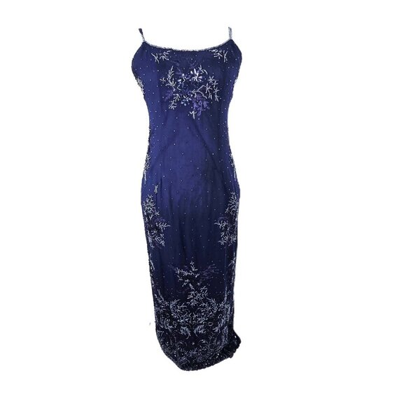 Vintage Adrianna Papell Navy Blue Silk Beaded Long Formal Ball Gown Prom Dress - Picture 1 of 11